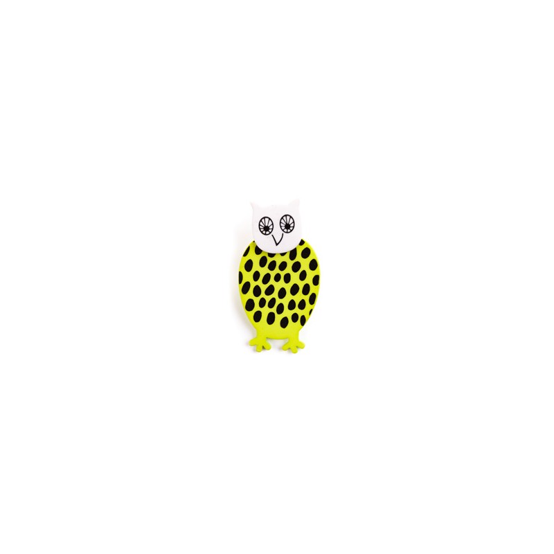 Owl, yellow w black dots, white head