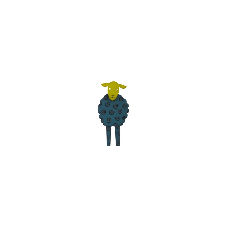 Sheep, front, blue w black twirl, green head