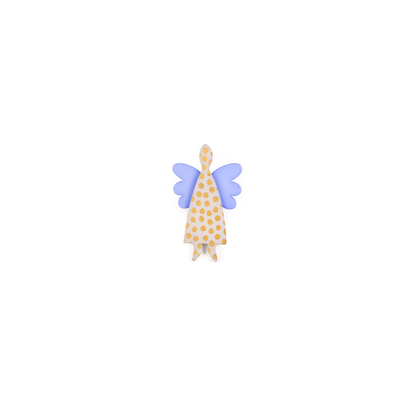 Angel, white with gold dots, light blue wings