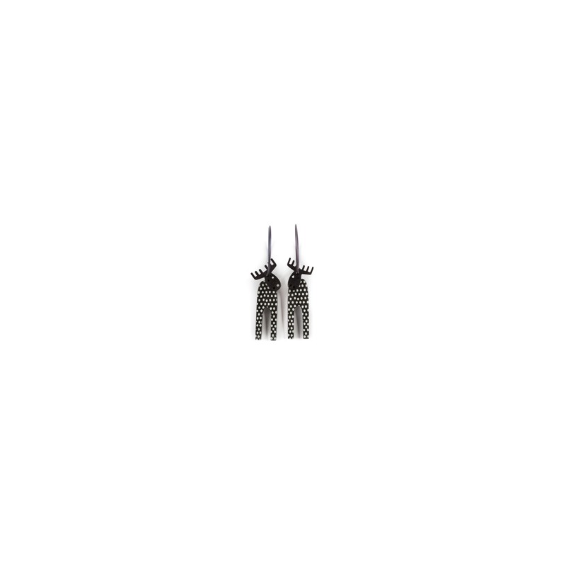 Moose, long, straight antlers, black w white dots, black head