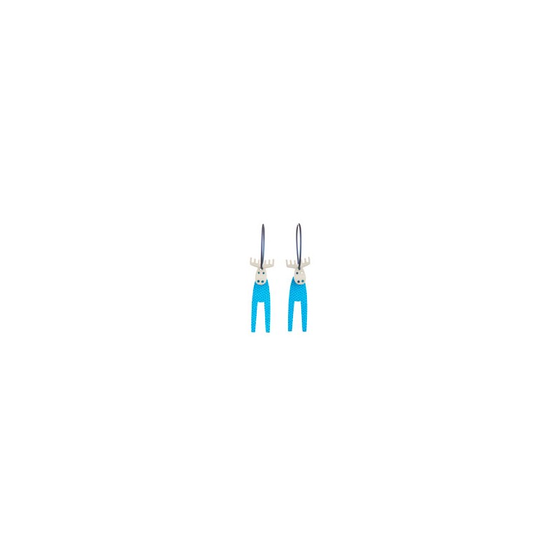 Moose, long, straight antlers, light blue with blue dots, grey head