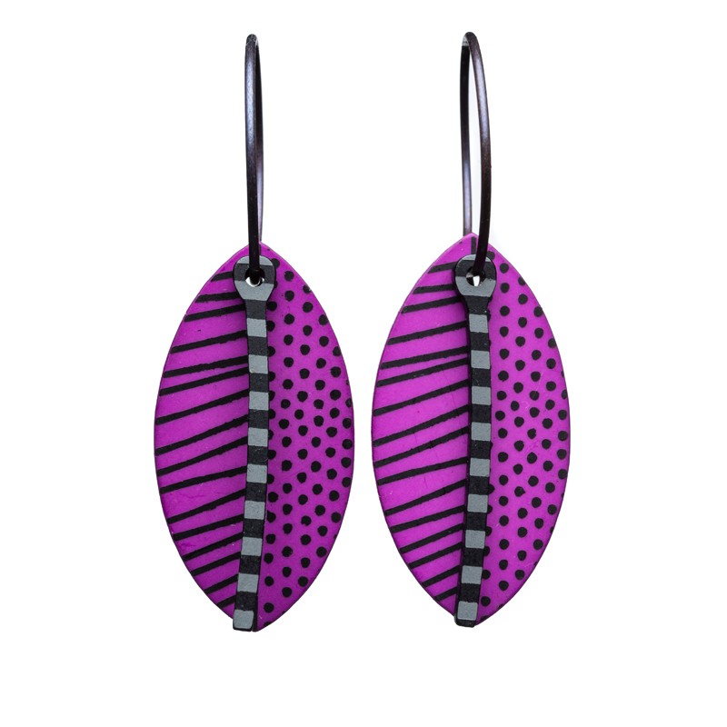 Leaf, purple with black stripes and dots, black and grey stalk