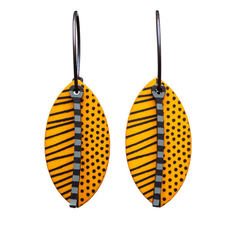 Leaf, orange with black stripes and dots, black and grey stalk