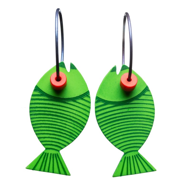 Fish, round, green w green stripes, red eye