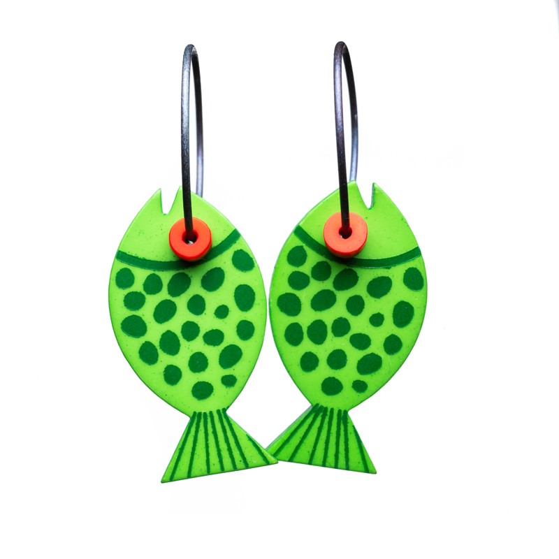 Fish, round, green w green dots, orange eye