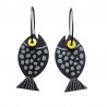 Fish, black with grey dots, yellow eye