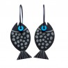 Fish, round, black with grey dots, blue eye