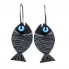Fish, round, black with white stripes, blue eye