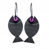 Fish, round, black w grey stripes, purple eye