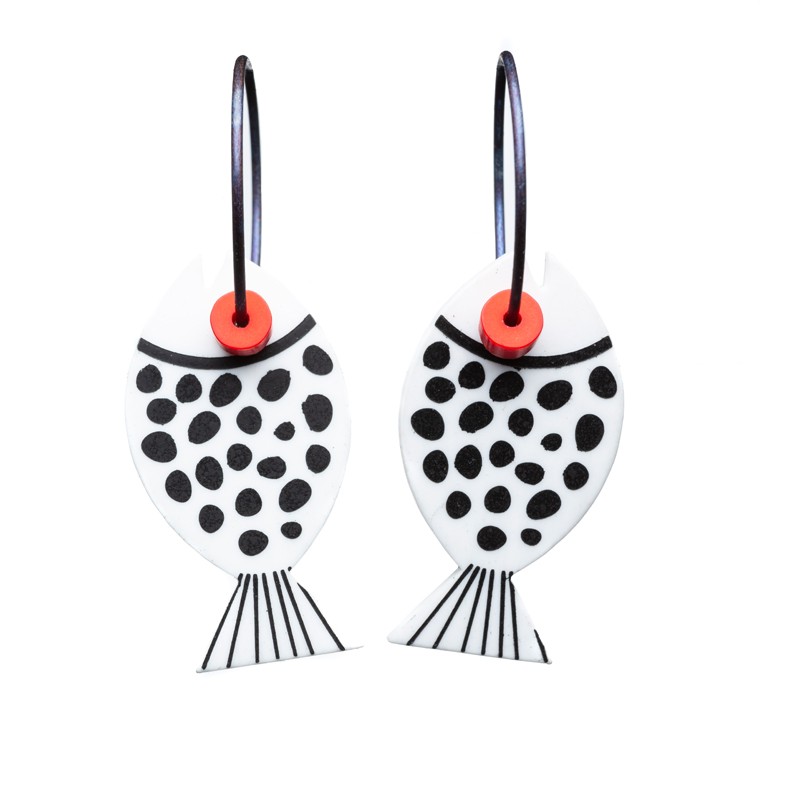 Fish, round, white w black dots, red eye