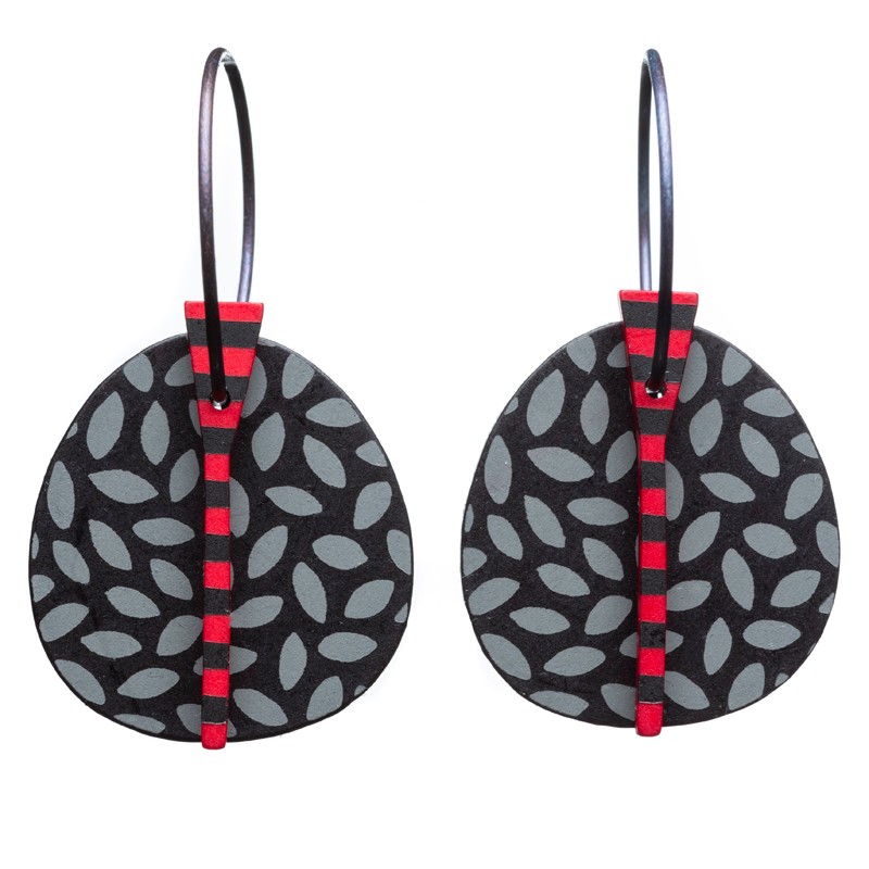 Leaf, apple, black w grey dots, red stalk with black stripes