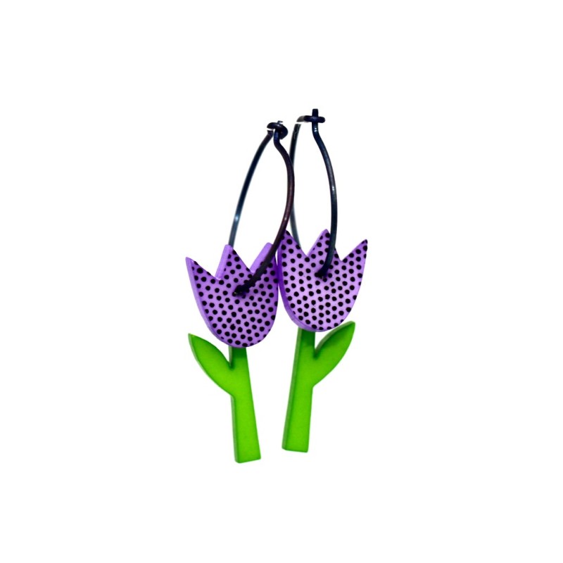 Tulip, purple with black dots, green stalk