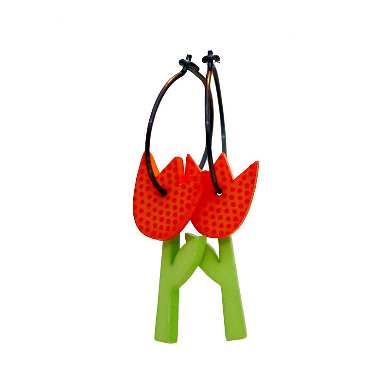 Tulipan, orange m røde prikker, grøn stilk