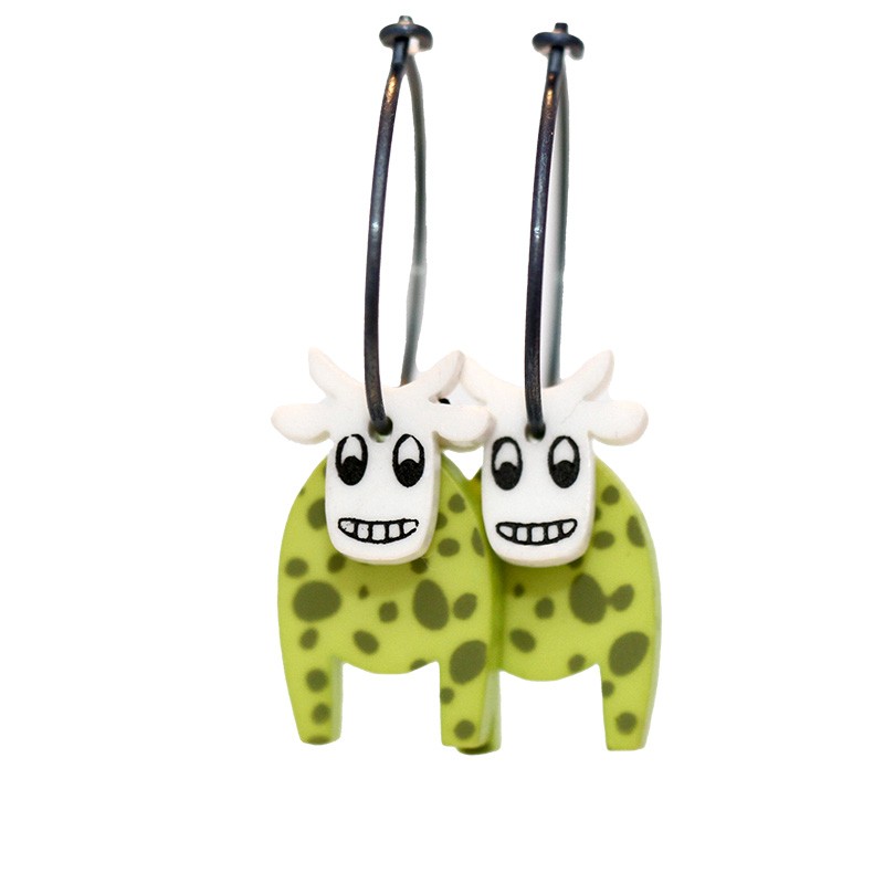 Cow, smiling, green with green dots, white head