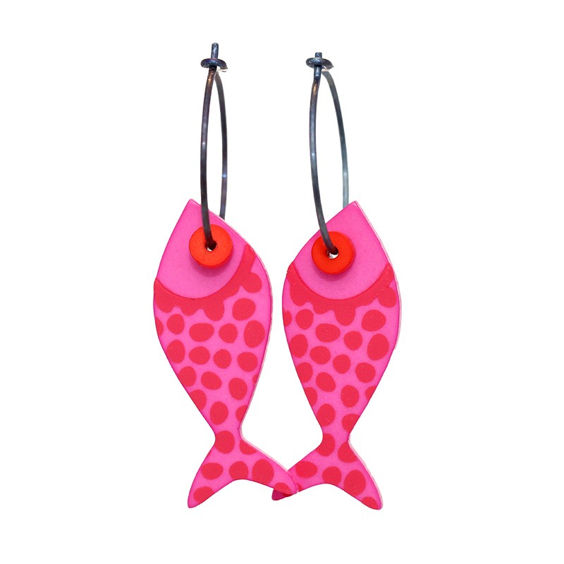 Fish, long, orange w pink dots, green eye