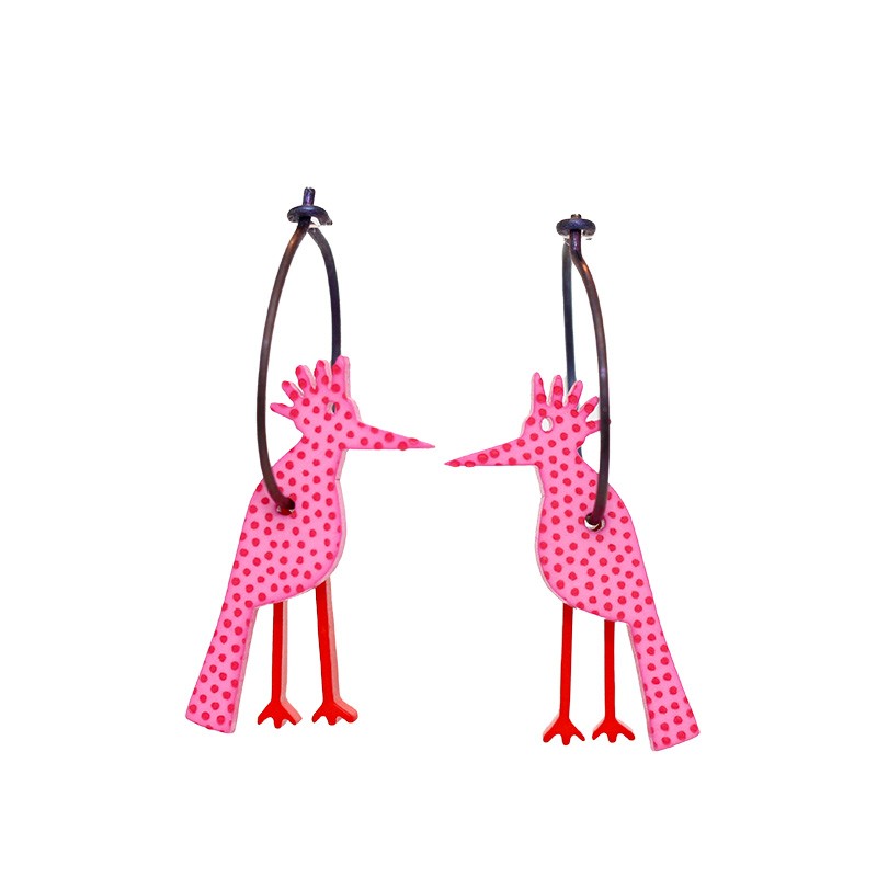 Woodpecker, pink w red dots, red legs