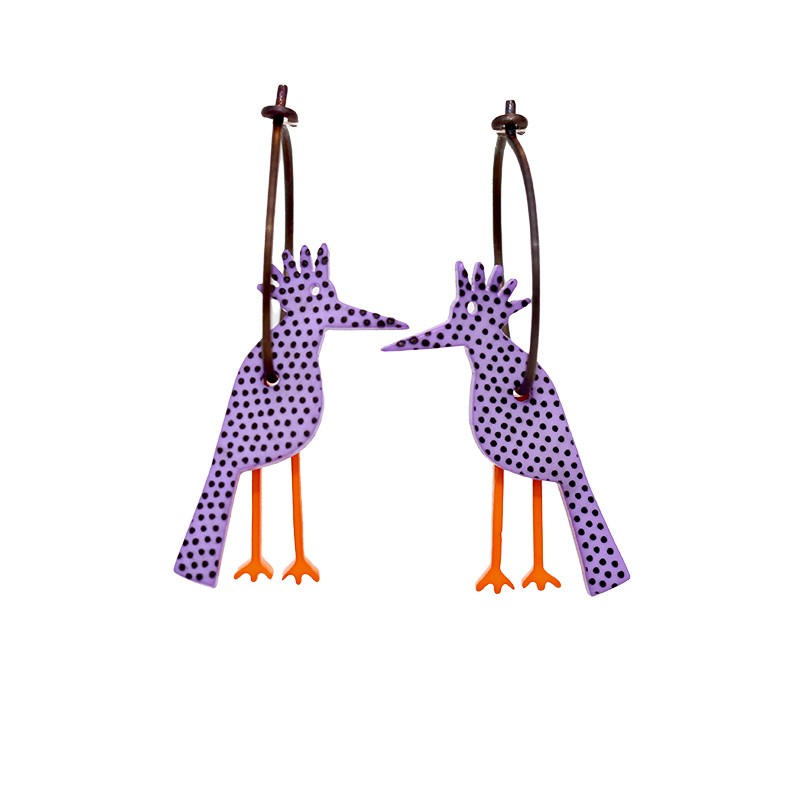 Woodpecker, purple w dark purple dots, orange legs