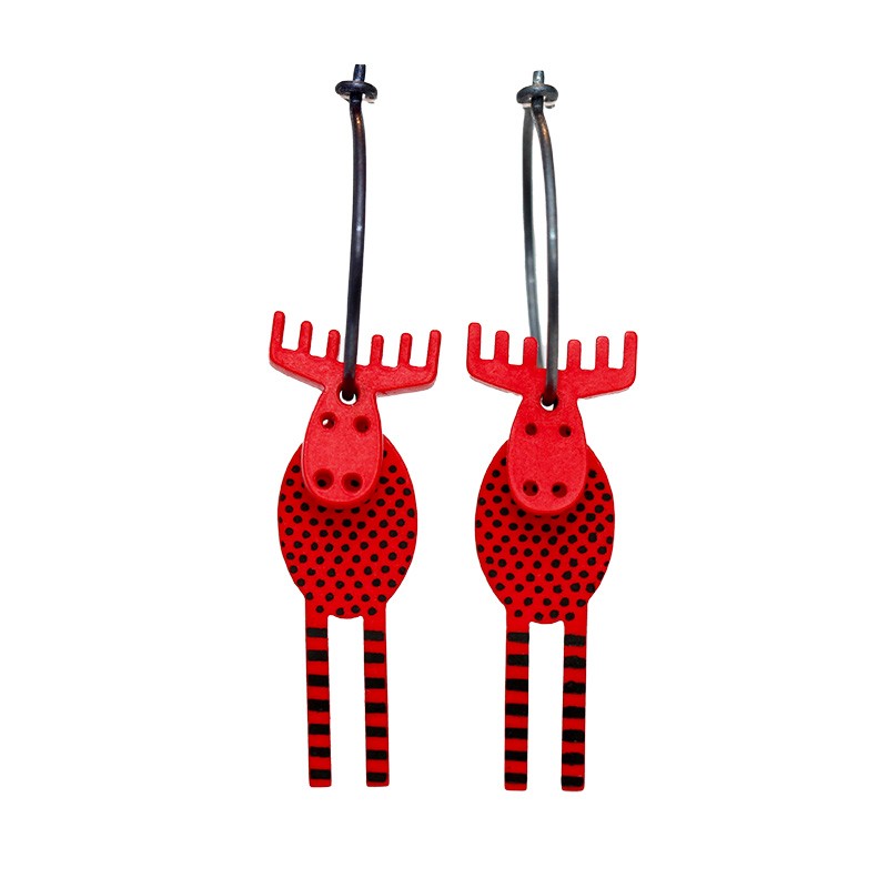 Moose, round, straight antlers, red w black dots and stripes, red head