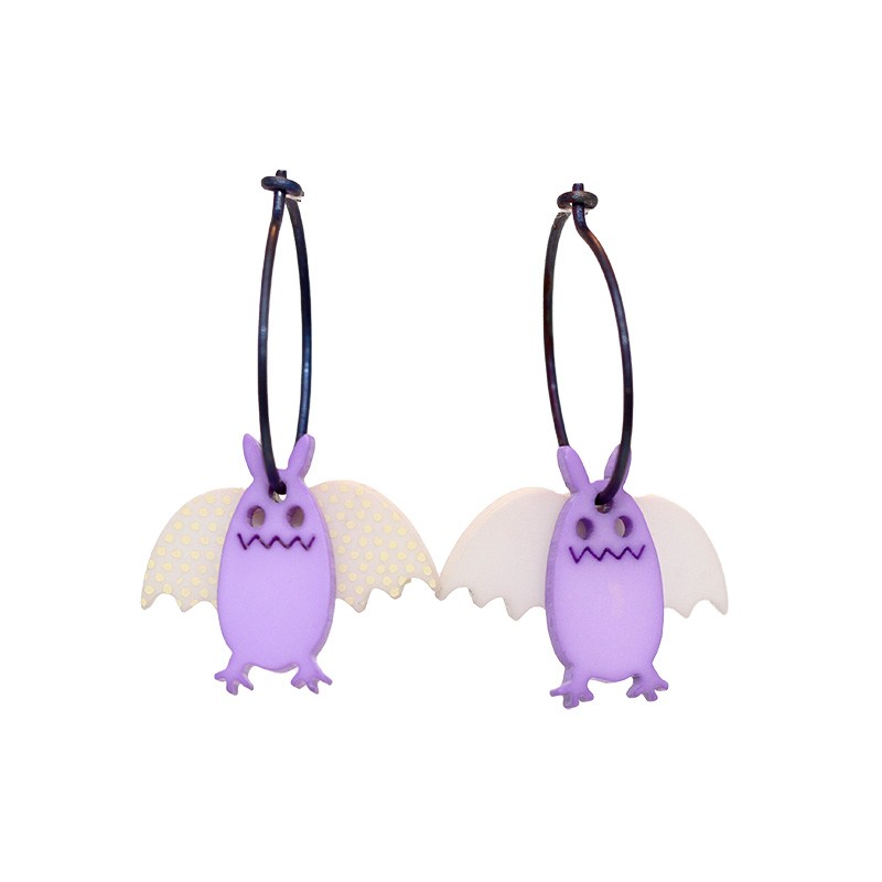 Bat, long, purple w white wings w yellow dots