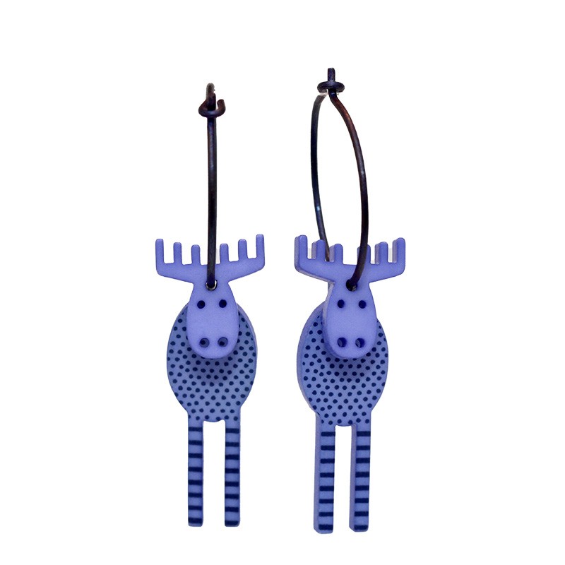Moose, round, straight antlers, blue with blue dots and stripes, blue head