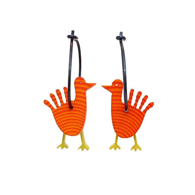 Peacock, orange w red stribes, green legs