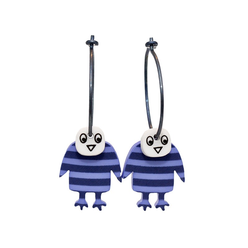 Pingvin, lang, blå m blå striber, gråt hoved