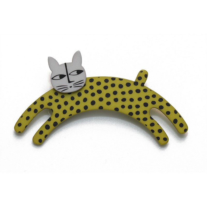 Cat, jumping, lime green w black dots, grey head