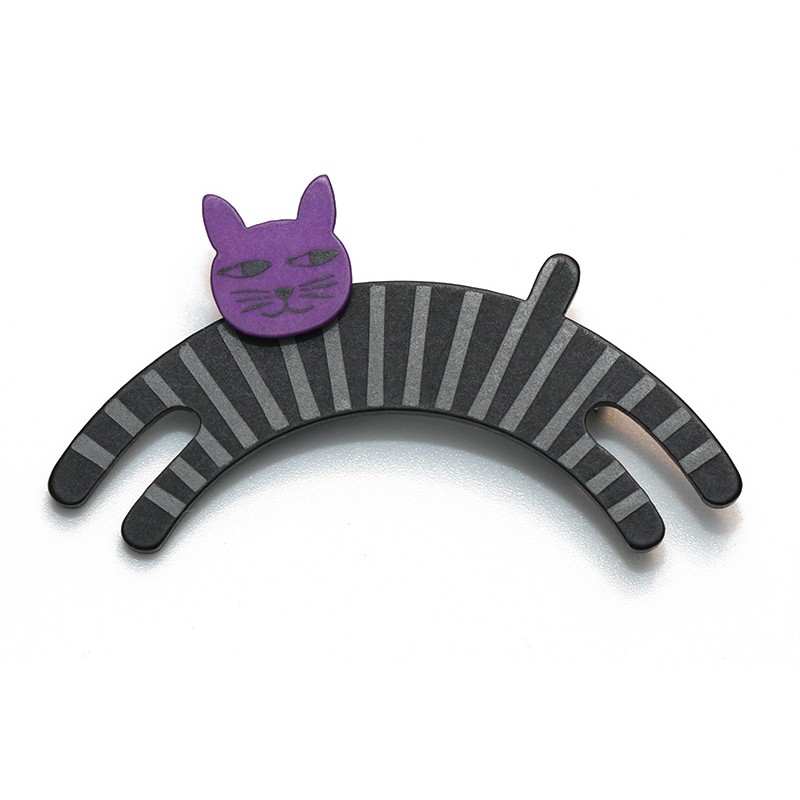 Cat, jumping, black w grey stripes, purple head