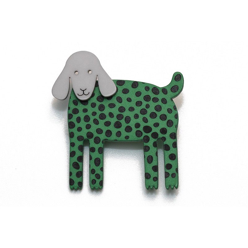 Dog, hanging ears, green w black dots, grey head