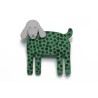 Dog, hanging ears, green w black dots, grey head