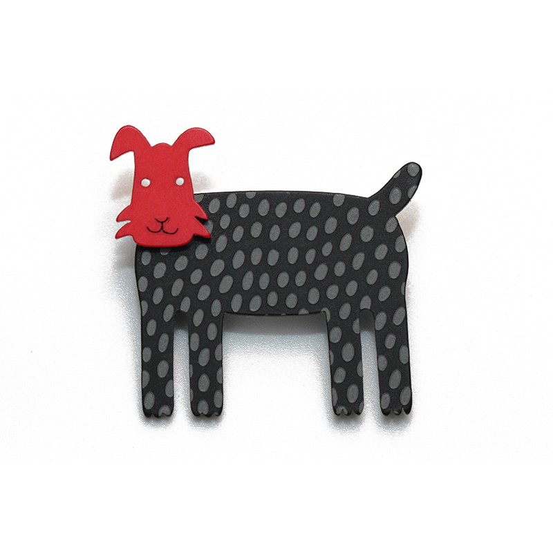 Dog, short ears, black w grey dots, red head