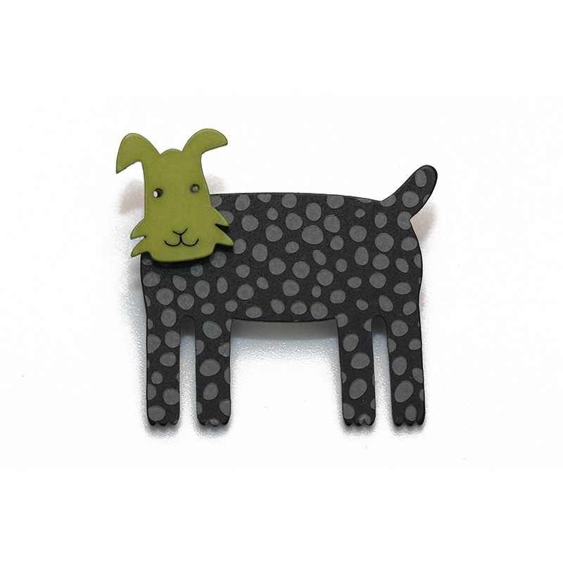Dog, short ears, black w grey dots, green head