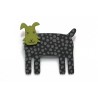 Dog, short ears, black w grey dots, green head