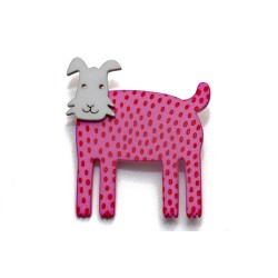 Dog, short ears, pink w red dots, grey head