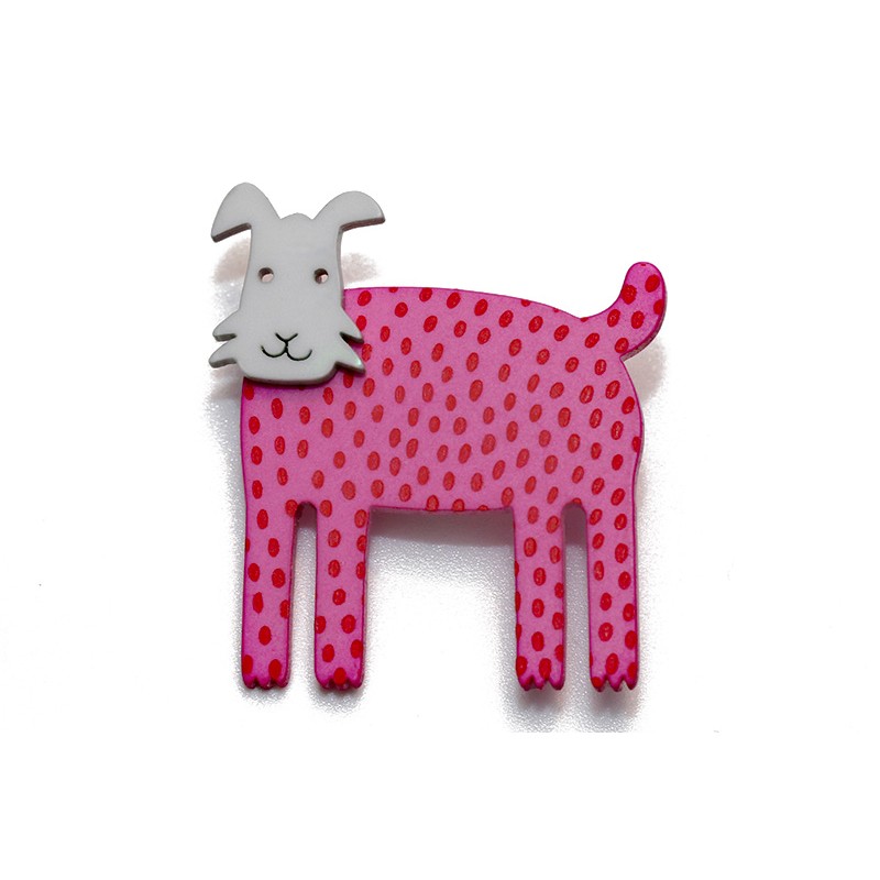 Dog, short ears, pink w red dots, grey head