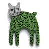 Cat, long, green w black circles, grey head