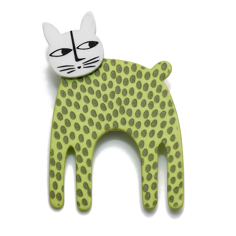 Cat, long, green w dark green dots, grey head