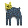 Cat, long, blue w black dots, green head