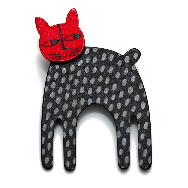 Cat, long, black w grey dots, red head