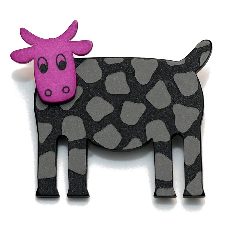 Cow, black w grey spots, purple head