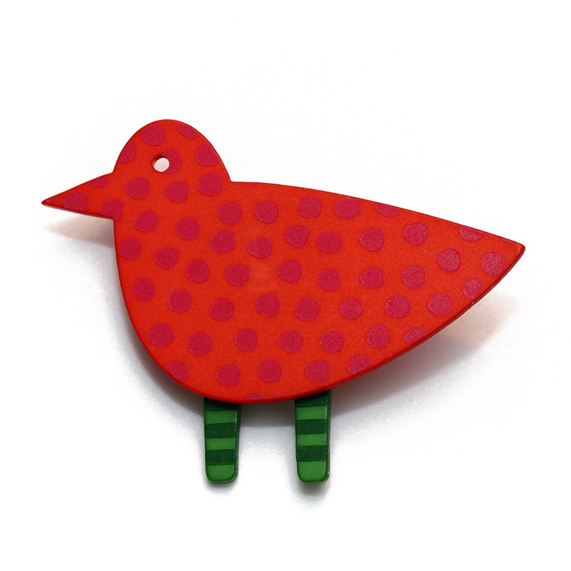 Bird, red w purple dots, green legs w dark green stripes