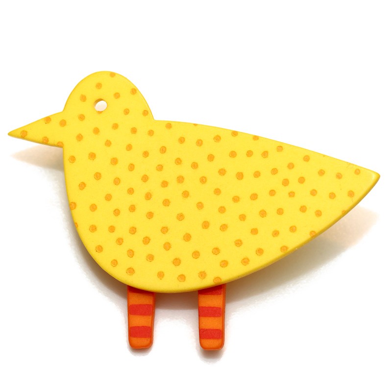 Fugl, gul m orange prikker, orange ben m røde striber