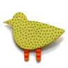 Bird, lime green w dark green small dots, orange legs w red stripes