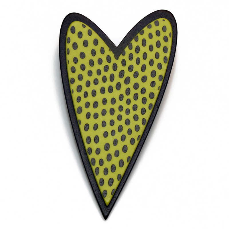 Heart, lime green w black dots, black edge
