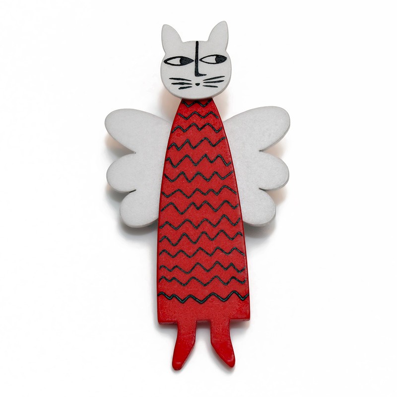 Cat, angel, red w black zigzag stripes, grey wings, grey head