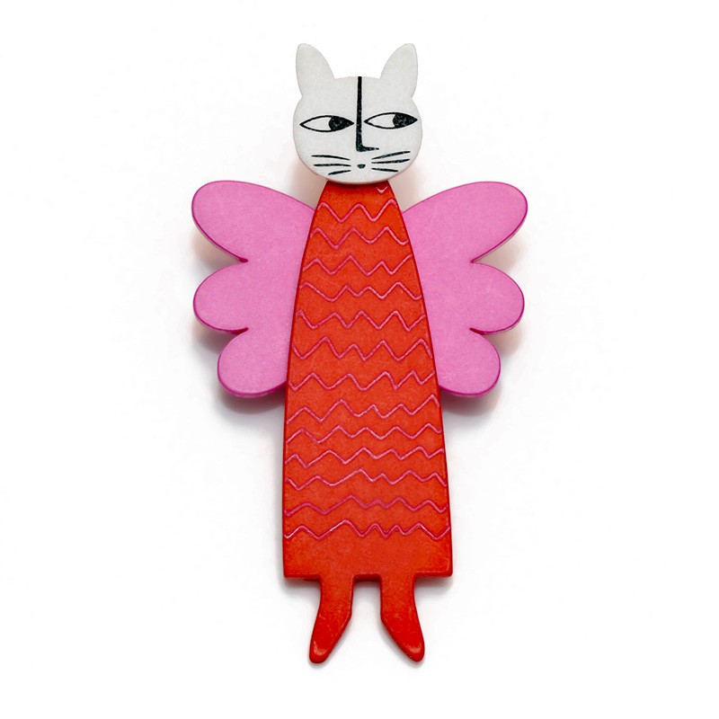 Kat, engel, rød m lyserød zigzag, lyserøde vinger, grå hoved