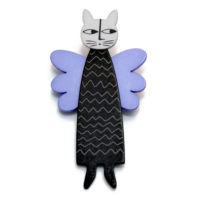 Kat, engel, sort m grå zigzag, blue vinger, grå hoved