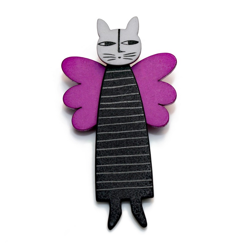 Kat, engel, sort m grå striber, lilla vinger, grå hoved