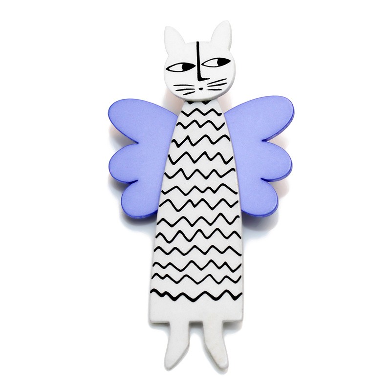 Kat, engel, hvid m sort zigzag, blå vinger, hvid hoved