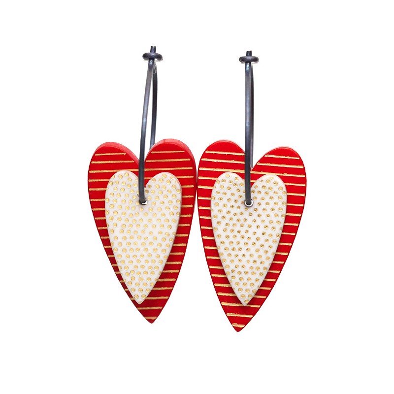 Heart, white with gold dots, background red heart with gold stripes